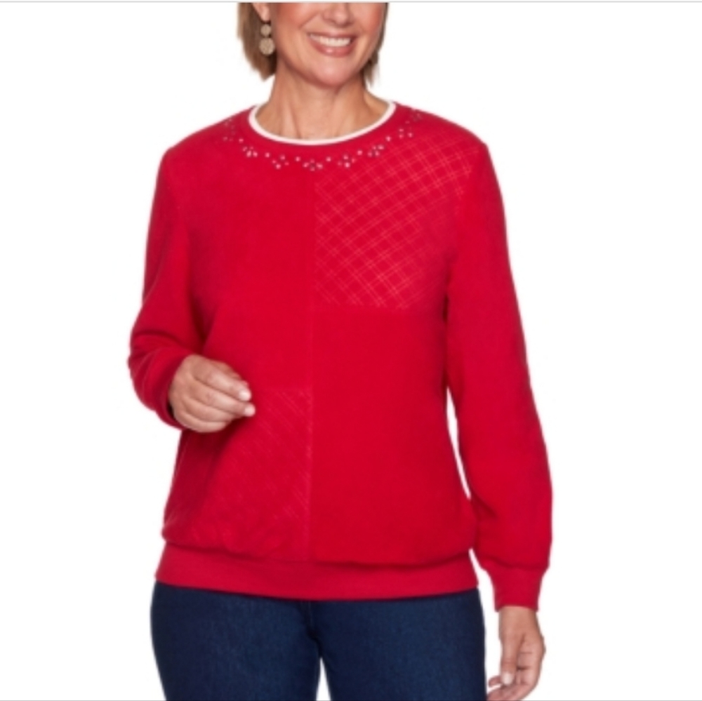 Alfred Dunner Red Petite Classics Spliced Diamond Anti Pill Knit Top